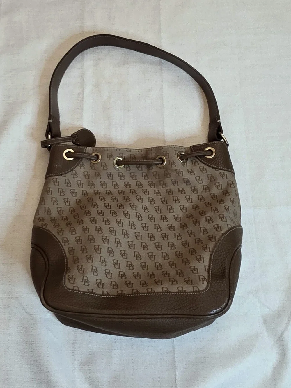 Vintage Dooney & Bourke Signature Monogram Drawstring Bucket Bag Brown Hobo